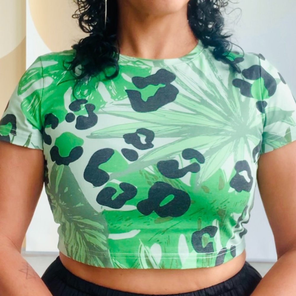 Green animal print cropped top
